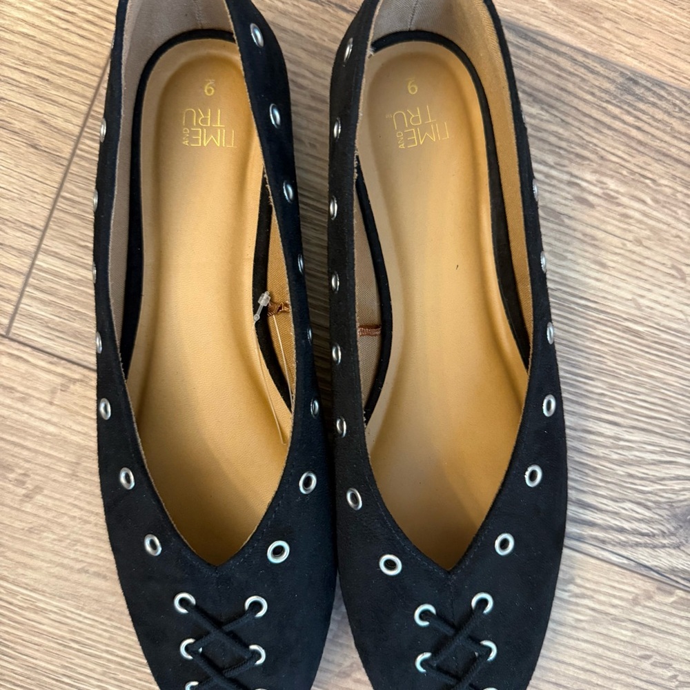 Time and Tru Black Suede Grommet Flats for Women
